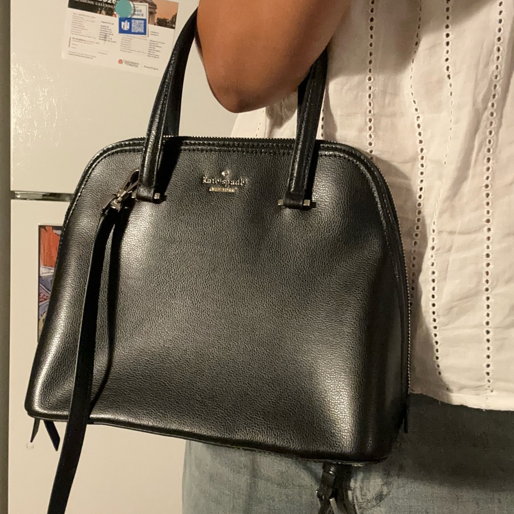 black leather authentic kate spade dome bag / satchel with crossbody attachment